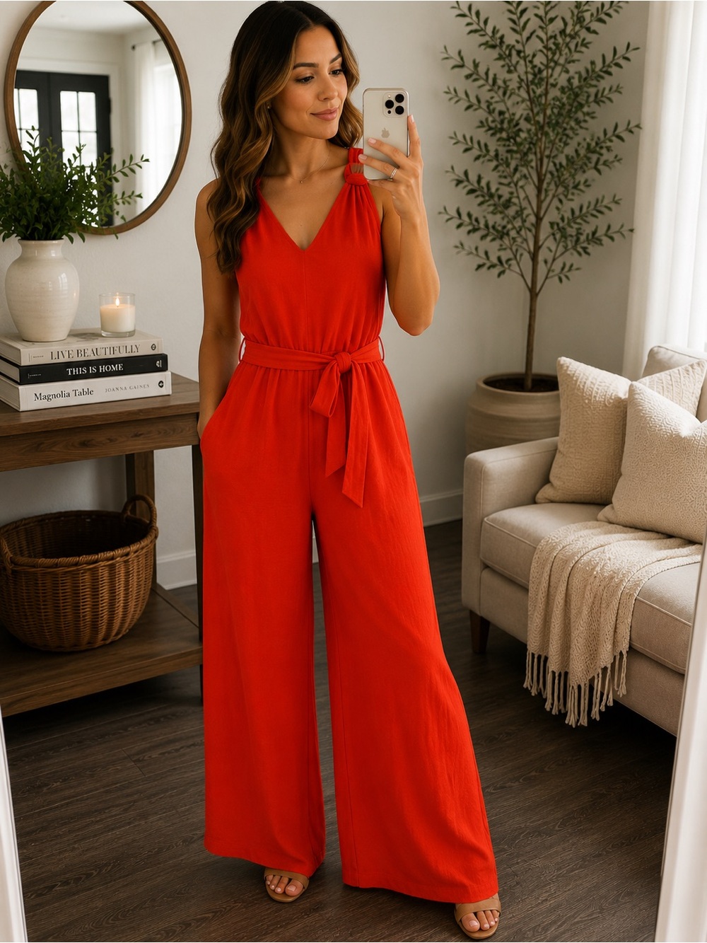 LUXOLOGY Bright Red Sleeveless Wide Leg Jumpsuit with Tie Waist – Size Medium
